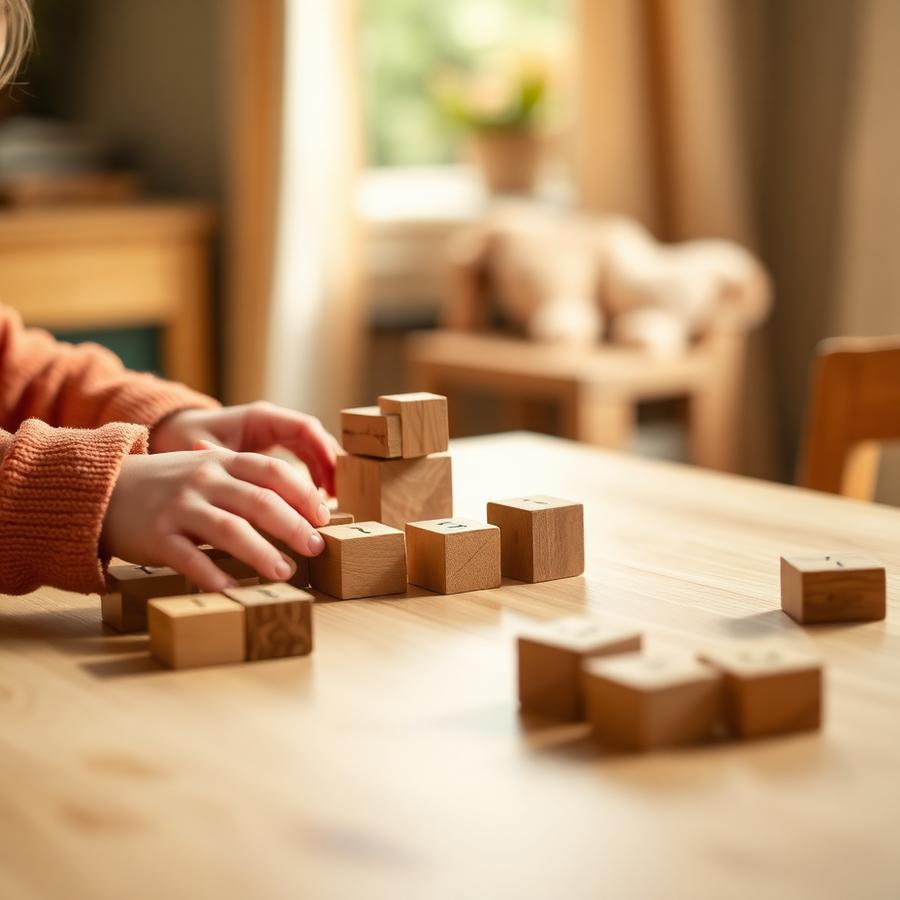Kind speelt met houten blokken aan tafel